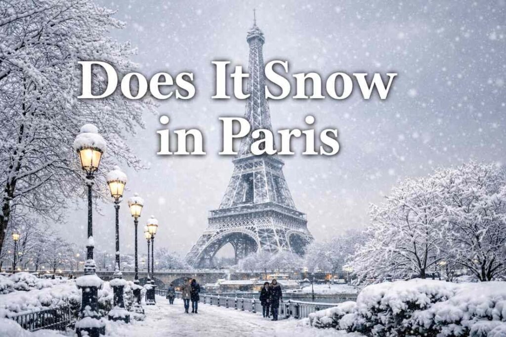 Does It Snow in Paris winter scene with Eiffel Tower covered in snow.