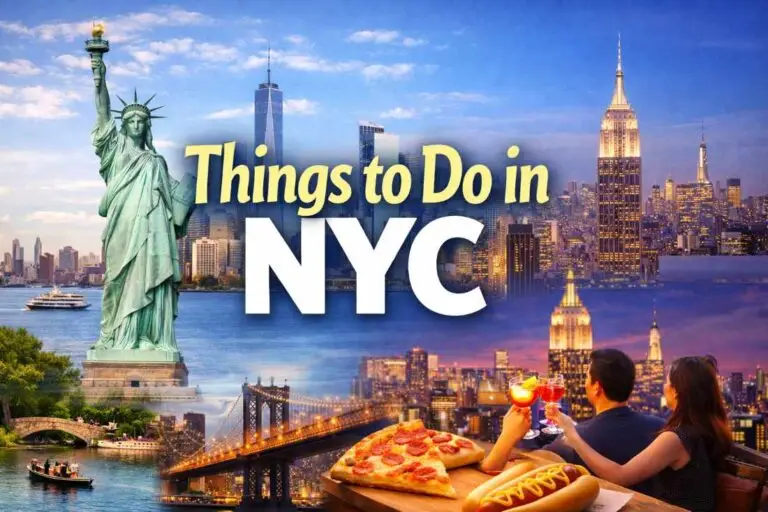 Things to Do in NYC collage featuring the Statue of Liberty, Empire State Building, Brooklyn Bridge, Times Square, skyline views, pizza, and nightlife scene.