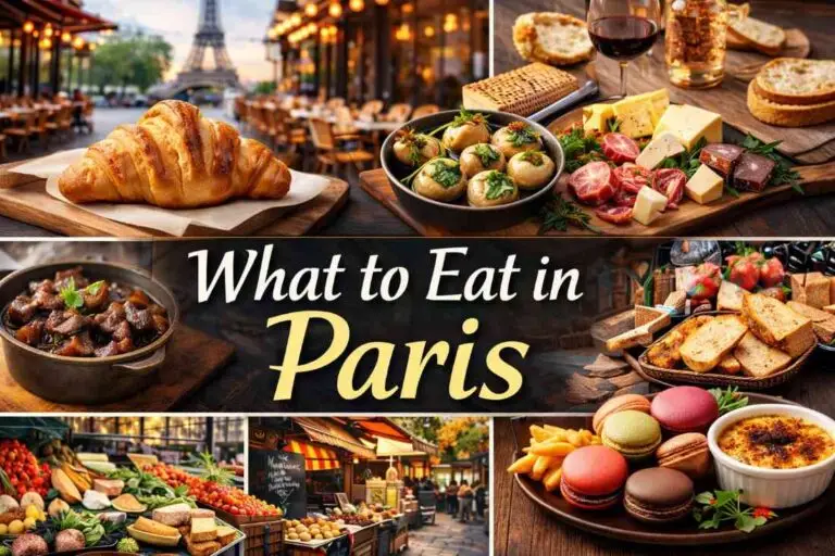 What to Eat in Paris collage with croissant, steak frites, macarons, cheese, and Paris market scene.