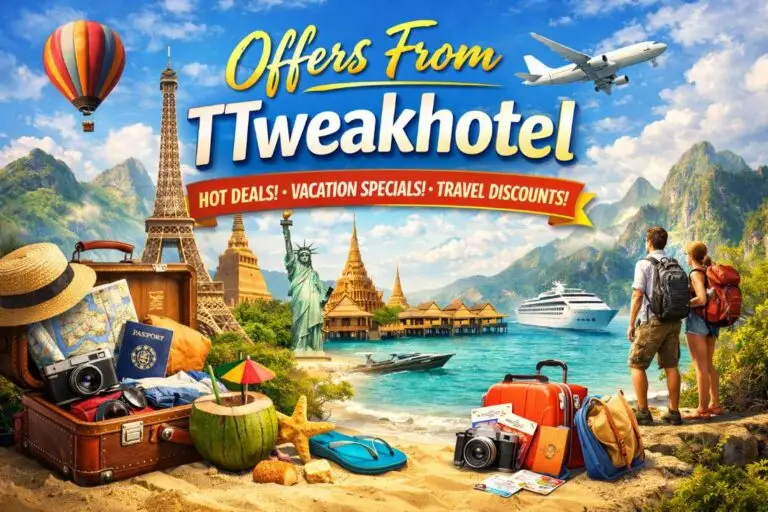 Travel-themed promotional banner showing “Offers From TTweakhotel” with suitcase, passport, camera, beach scene, airplane, cruise ship, and global landmarks highlighting hotel deals in 2026.