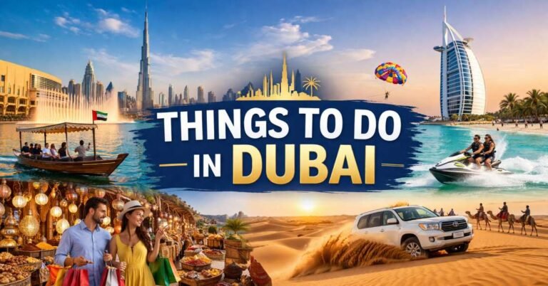Things to Do in Dubai travel collage with Burj Khalifa, Burj Al Arab, abra ride, desert safari, souk shopping, and beach jet ski scene.
