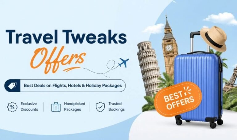 Travel Tweaks Offers promotional banner with suitcase, landmarks, and travel deals for flights, hotels, and vacation packages.