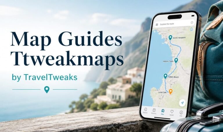 Mobile route map beside a travel bag showing coastal stops and location pins for simple trip navigation.