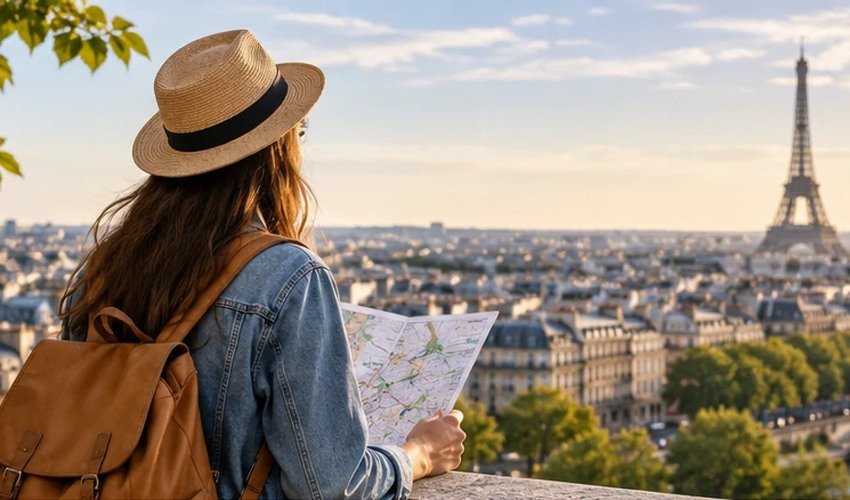 Travel Tweaks City Planning Traveler reading a map above Paris with the Eiffel Tower in the distance