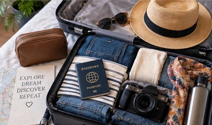Travel Tweaks Packing Preparation Open suitcase packed with travel clothes, passport, camera and map