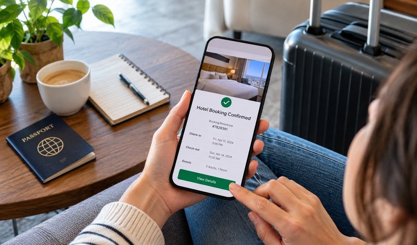 Traveler checking a confirmed hotel booking on a smartphone beside luggage