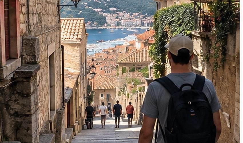 Traveler walking through a historic city street toward a coastal destination.