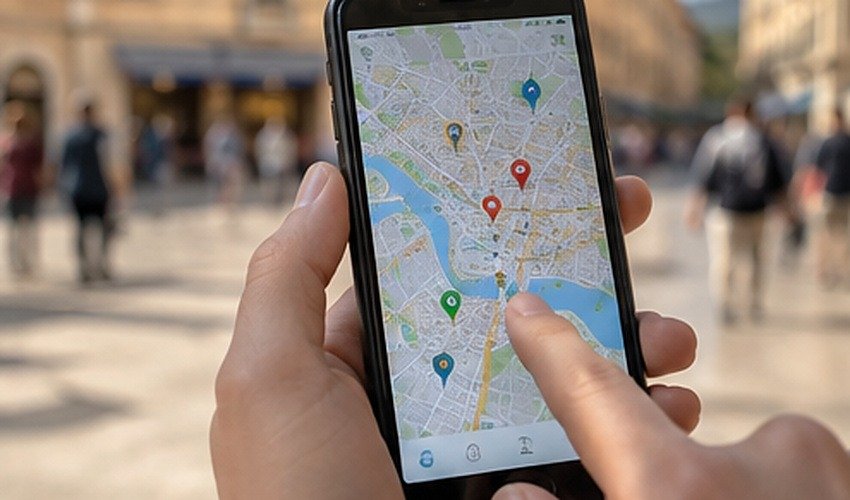 Traveler checking a city route on a smartphone while planning stops with TTweakMaps.