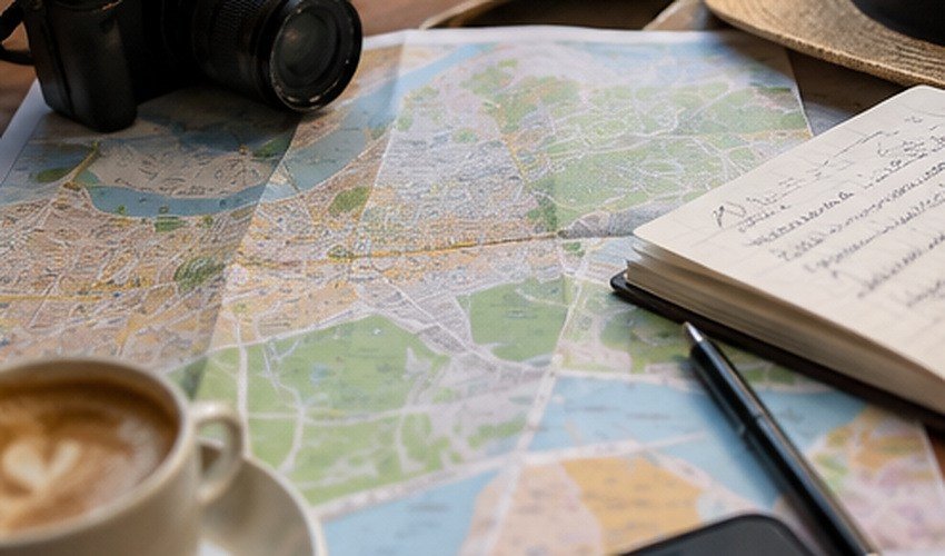 Paper city map with camera, notebook and coffee used for planning a travel itinerary.