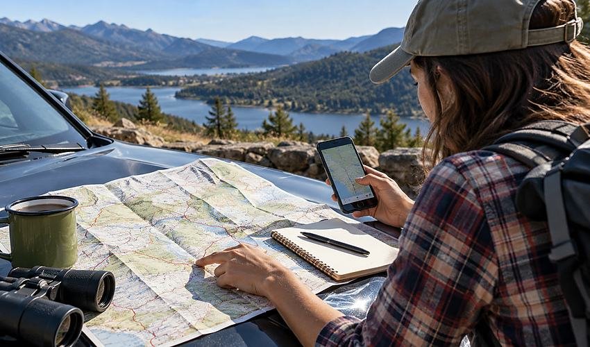 Traveler planning a road trip route with a paper map and smartphone beside a car.