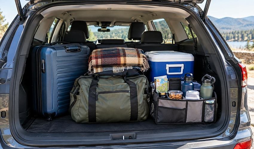 Packed SUV trunk with luggage, cooler, water and road trip essentials.