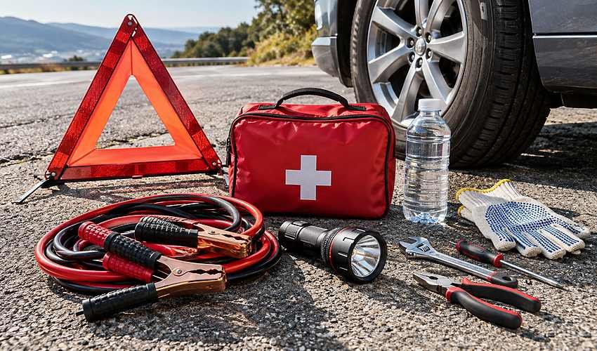 Roadside emergency kit with warning triangle, first aid kit, jumper cables and car tools.